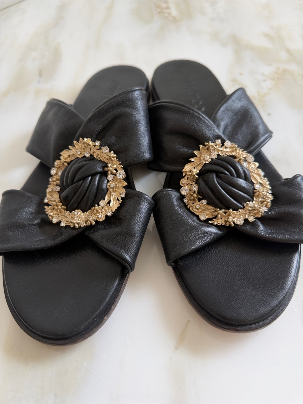 Jimmy Choo Black Slide Sandals with Gold Floral Medallions